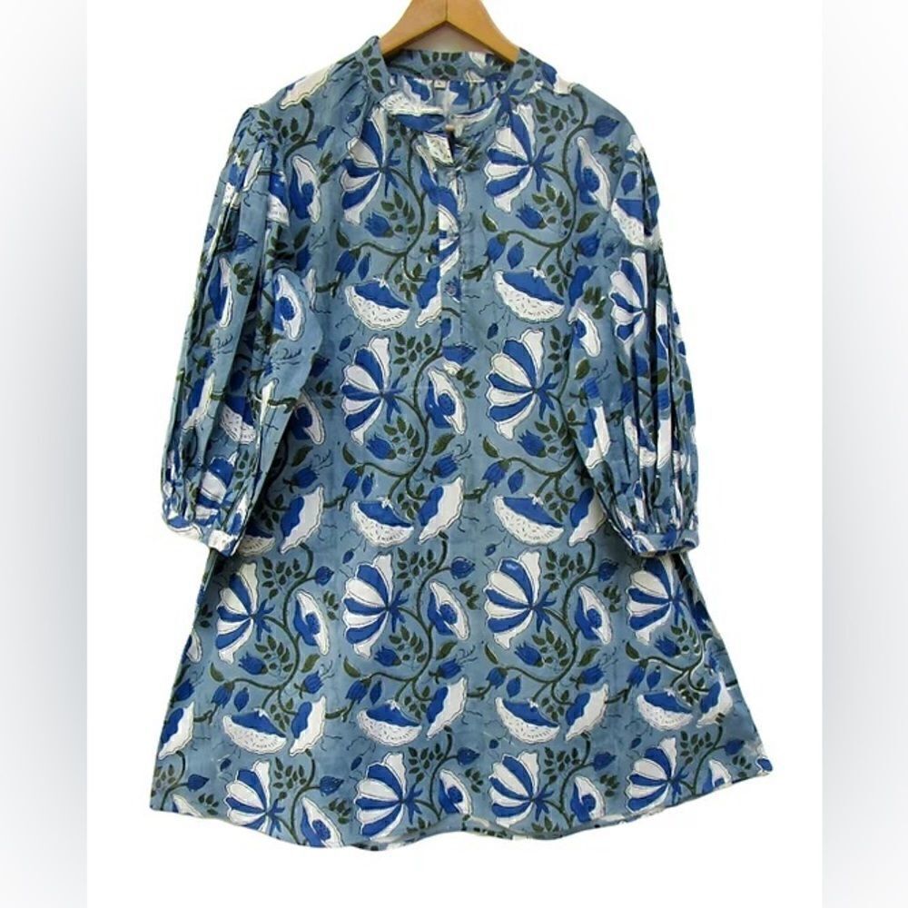 Karni Cotton indigo blue flower printed women's wear mini dress